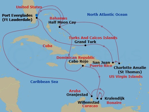 17 Night - Eastern & Southern Caribbean Holiday : Abc Islands - Rotterdam - Starting in Fort Lauderdale, Florida, Grand Turk, Turks and Caicos, San Juan, Puerto Rico, St Thomas, US Virgin Islands, RelaxAway, Half Moon Cay, Bahamas, Fort Lauderdale, Florida, RelaxAway, Half Moon Cay, Bahamas, Cabo Rojo, Dominican Republic, Willemstad AN, Curacao, Kralendijk, Bonaire, Oranjestad, Aruba, Fort Lauderdale, Florida itinerary map