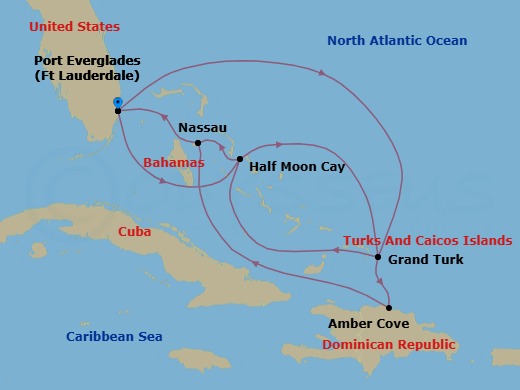 12 Night - Eastern Caribbean Holiday : Bahamas & Amber Cove - Zuiderdam - Starting in Fort Lauderdale, Florida, Grand Turk, Turks and Caicos, RelaxAway, Half Moon Cay, Bahamas, Nassau, Bahamas, Fort Lauderdale, Florida, RelaxAway, Half Moon Cay, Bahamas, Grand Turk, Turks and Caicos, Amber Cove, Dominican Republic, Nassau, Bahamas, Fort Lauderdale, Florida itinerary map