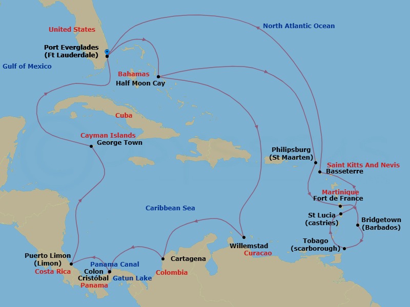 24 Night - Panama Canal & Eastern Caribbean Discovery - Volendam - Starting in Fort Lauderdale, Florida, RelaxAway, Half Moon Cay, Bahamas, Willemstad AN, Curacao, Cartagena CO, Enter Panama Canal Cristobal, Cruising Panama Canal and Gatun Lake, Gatun Lake, Panama, Cruising Gatun Lake and Panama Canal, Exit Panama Canal Cristobal, Colon, Panama, Puerto Limon (San Jose), Costa Rica, Georgetown, Cayman Islands, Fort Lauderdale, Florida, RelaxAway, Half Moon Cay, Bahamas, Philipsburg, Sint Maarten, Fort-De-France, Martinique, Bridgetown, Barbados, Scarborough, Trinidad and Tobago, Castries, Saint Lucia, Basseterre, St Kitts and Nevis, Fort Lauderdale, Florida itinerary map