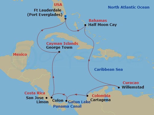 12 Night - Panama Canal Discovery : Costa Rica & Greater Antilles - Volendam - Starting in Fort Lauderdale, Florida, RelaxAway, Half Moon Cay, Bahamas, Willemstad AN, Curacao, Cartagena CO, Enter Panama Canal Cristobal, Cruising Panama Canal and Gatun Lake, Gatun Lake, Panama, Cruising Gatun Lake and Panama Canal, Exit Panama Canal Cristobal, Colon, Panama, Puerto Limon (San Jose), Costa Rica, Georgetown, Cayman Islands, Fort Lauderdale, Florida itinerary map