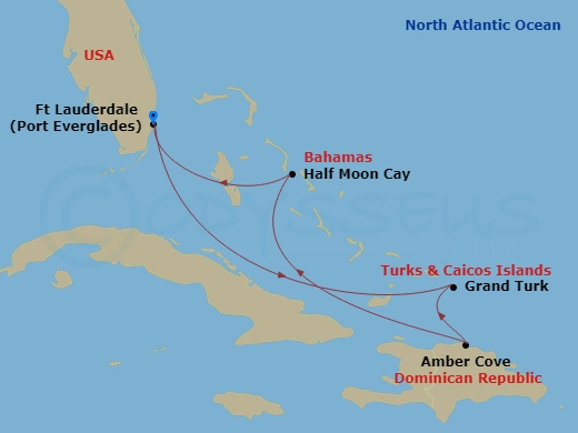6 Night - Eastern Caribbean : Amber Cove & Bahamas - Eurodam - Starting in Fort Lauderdale, Florida, Grand Turk, Turks and Caicos, Amber Cove, Dominican Republic, RelaxAway, Half Moon Cay, Bahamas, Fort Lauderdale, Florida itinerary map