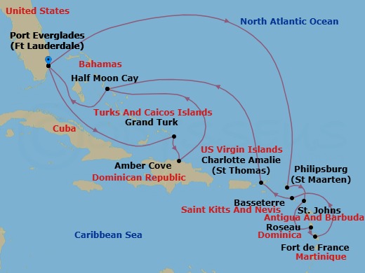 17 Night - Eastern Caribbean : Leeward Islands & Bahamas - Eurodam - Starting in Fort Lauderdale, Florida, Philipsburg, Sint Maarten, St Johns AG, Antigua, Roseau, Dominica, Fort-De-France, Martinique, Basseterre, St Kitts and Nevis, St Thomas, US Virgin Islands, RelaxAway, Half Moon Cay, Bahamas, Fort Lauderdale, Florida, Grand Turk, Turks and Caicos, Amber Cove, Dominican Republic, RelaxAway, Half Moon Cay, Bahamas, Fort Lauderdale, Florida itinerary map