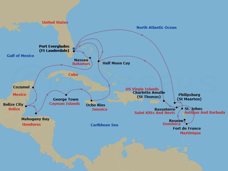 22 Night - Western & Eastern Caribbean : Mexico & Leeward Islands - Eurodam - Starting in Fort Lauderdale, Florida, RelaxAway, Half Moon Cay, Bahamas, Ocho Rios, Jamaica, Georgetown, Cayman Islands, Mahogany Bay, Roatan, Honduras, Belize City, Belize, Cozumel, Mexico, Nassau, Bahamas, Fort Lauderdale, Florida, Philipsburg, Sint Maarten, St Johns AG, Antigua, Roseau, Dominica, Fort-De-France, Martinique, Basseterre, St Kitts and Nevis, St Thomas, US Virgin Islands, RelaxAway, Half Moon Cay, Bahamas, Fort Lauderdale, Florida itinerary map