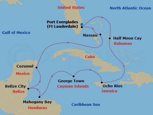 11 Night - Western Caribbean : Greater Antilles, Belize & Mexico - Eurodam - Starting in Fort Lauderdale, Florida, RelaxAway, Half Moon Cay, Bahamas, Ocho Rios, Jamaica, Georgetown, Cayman Islands, Mahogany Bay, Roatan, Honduras, Belize City, Belize, Cozumel, Mexico, Nassau, Bahamas, Fort Lauderdale, Florida itinerary map