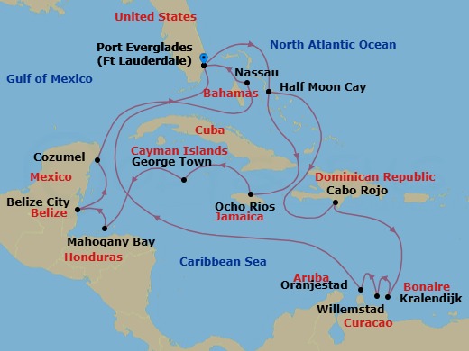21 Night - Southern & Western Caribbean : Abc Islands - Eurodam - Starting in Fort Lauderdale, Florida, RelaxAway, Half Moon Cay, Bahamas, Cabo Rojo, Dominican Republic, Kralendijk, Bonaire, Willemstad AN, Curacao, Oranjestad, Aruba, Fort Lauderdale, Florida, RelaxAway, Half Moon Cay, Bahamas, Ocho Rios, Jamaica, Georgetown, Cayman Islands, Mahogany Bay, Roatan, Honduras, Belize City, Belize, Cozumel, Mexico, Nassau, Bahamas, Fort Lauderdale, Florida itinerary map