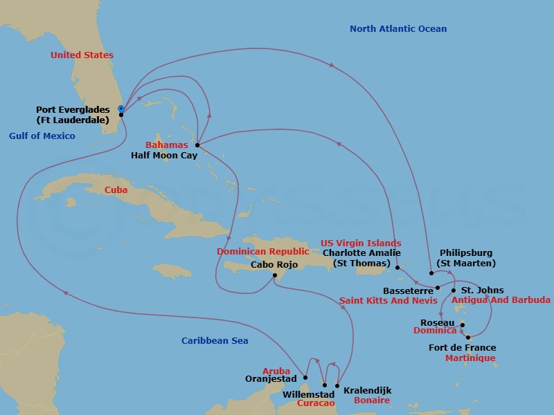 21 Night - Eastern & Southern Caribbean : Abc Islands - Eurodam - Starting in Fort Lauderdale, Florida, Philipsburg, Sint Maarten, St Johns AG, Antigua, Roseau, Dominica, Fort-De-France, Martinique, Basseterre, St Kitts and Nevis, St Thomas, US Virgin Islands, RelaxAway, Half Moon Cay, Bahamas, Fort Lauderdale, Florida, RelaxAway, Half Moon Cay, Bahamas, Cabo Rojo, Dominican Republic, Kralendijk, Bonaire, Willemstad AN, Curacao, Oranjestad, Aruba, Fort Lauderdale, Florida itinerary map