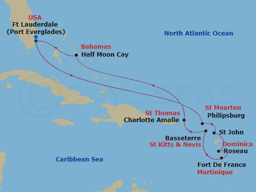 11 Night - Eastern Caribbean : Windward & Leeward Islands - Eurodam - Starting in Fort Lauderdale, Florida, Philipsburg, Sint Maarten, St Johns AG, Antigua, Roseau, Dominica, Fort-De-France, Martinique, Basseterre, St Kitts and Nevis, St Thomas, US Virgin Islands, RelaxAway, Half Moon Cay, Bahamas, Fort Lauderdale, Florida itinerary map