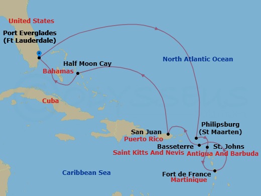10 Night - Eastern Caribbean : Windward & Leeward Islands - Eurodam - Starting in Fort Lauderdale, Florida, Philipsburg, Sint Maarten, St Johns AG, Antigua, Fort-De-France, Martinique, Basseterre, St Kitts and Nevis, San Juan, Puerto Rico, RelaxAway, Half Moon Cay, Bahamas, Fort Lauderdale, Florida itinerary map