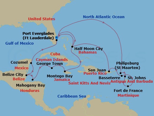 20 Night - Western & Eastern Caribbean : Mexico & Leeward Islands - Eurodam - Starting in Fort Lauderdale, Florida, RelaxAway, Half Moon Cay, Bahamas, Montego Bay, Jamaica, Georgetown, Cayman Islands, Mahogany Bay, Roatan, Honduras, Belize City, Belize, Cozumel, Mexico, Fort Lauderdale, Florida, Philipsburg, Sint Maarten, St Johns AG, Antigua, Fort-De-France, Martinique, Basseterre, St Kitts and Nevis, San Juan, Puerto Rico, RelaxAway, Half Moon Cay, Bahamas, Fort Lauderdale, Florida itinerary map