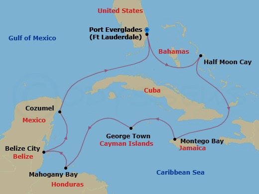 10 Night - Western Caribbean : Greater Antilles, Belize & Mexico - Eurodam - Starting in Fort Lauderdale, Florida, RelaxAway, Half Moon Cay, Bahamas, Montego Bay, Jamaica, Georgetown, Cayman Islands, Mahogany Bay, Roatan, Honduras, Belize City, Belize, Cozumel, Mexico, Fort Lauderdale, Florida itinerary map