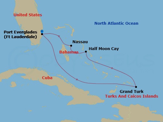 5 Night - Eastern Caribbean & Bahamas Getaway - Zuiderdam - Starting in Fort Lauderdale, Florida, Grand Turk, Turks and Caicos, RelaxAway, Half Moon Cay, Bahamas, Nassau, Bahamas, Fort Lauderdale, Florida itinerary map