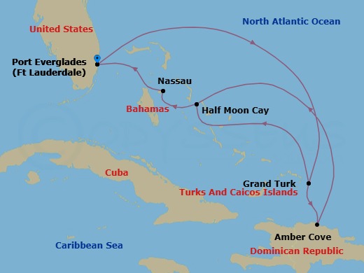 12 Night - Eastern Caribbean : Amber Cove & Bahamas - Zuiderdam - Starting in Fort Lauderdale, Florida, Grand Turk, Turks and Caicos, Amber Cove, Dominican Republic, RelaxAway, Half Moon Cay, Bahamas, Nassau, Bahamas, Fort Lauderdale, Florida, Grand Turk, Turks and Caicos, RelaxAway, Half Moon Cay, Bahamas, Nassau, Bahamas, Fort Lauderdale, Florida itinerary map