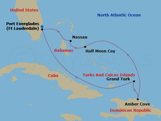 7 Night - Eastern Caribbean : Amber Cove & Bahamas - Zuiderdam - Starting in Fort Lauderdale, Florida, Grand Turk, Turks and Caicos, Amber Cove, Dominican Republic, RelaxAway, Half Moon Cay, Bahamas, Nassau, Bahamas, Fort Lauderdale, Florida itinerary map