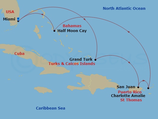 7 Night - Eastern Caribbean : San Juan & St. Thomas - Zuiderdam - Starting in Miami, Florida, Grand Turk, Turks and Caicos, San Juan, Puerto Rico, St Thomas, US Virgin Islands, RelaxAway, Half Moon Cay, Bahamas, Miami, Florida itinerary map