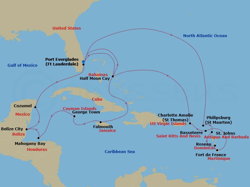 21 Night - Eastern & Western Caribbean : Leeward Islands & Mexico - Eurodam - Starting in Fort Lauderdale, Florida, Philipsburg, Sint Maarten, St Johns AG, Antigua, Roseau, Dominica, Fort-De-France, Martinique, Basseterre, St Kitts and Nevis, St Thomas, US Virgin Islands, RelaxAway, Half Moon Cay, Bahamas, Fort Lauderdale, Florida, RelaxAway, Half Moon Cay, Bahamas, Falmouth, Jamaica, Georgetown, Cayman Islands, Mahogany Bay, Roatan, Honduras, Belize City, Belize, Cozumel, Mexico, Fort Lauderdale, Florida itinerary map
