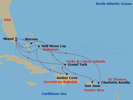 14 Night - Eastern Caribbean : Bahamas & San Juan - Zuiderdam - Starting in Miami, Florida, RelaxAway, Half Moon Cay, Bahamas, Amber Cove, Dominican Republic, Grand Turk, Turks and Caicos, Nassau, Bahamas, Miami, Florida, Grand Turk, Turks and Caicos, San Juan, Puerto Rico, St Thomas, US Virgin Islands, RelaxAway, Half Moon Cay, Bahamas, Miami, Florida itinerary map