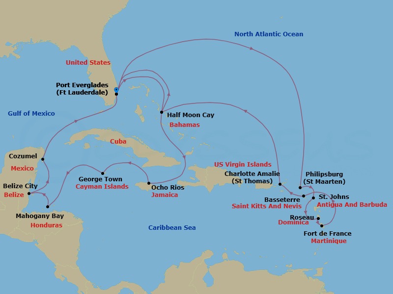 21 Night - Western & Eastern Caribbean : Mexico & Leeward Islands - Eurodam - Starting in Fort Lauderdale, Florida, RelaxAway, Half Moon Cay, Bahamas, Ocho Rios, Jamaica, Georgetown, Cayman Islands, Mahogany Bay, Roatan, Honduras, Belize City, Belize, Cozumel, Mexico, Fort Lauderdale, Florida, Philipsburg, Sint Maarten, St Johns AG, Antigua, Roseau, Dominica, Fort-De-France, Martinique, Basseterre, St Kitts and Nevis, St Thomas, US Virgin Islands, RelaxAway, Half Moon Cay, Bahamas, Fort Lauderdale, Florida itinerary map