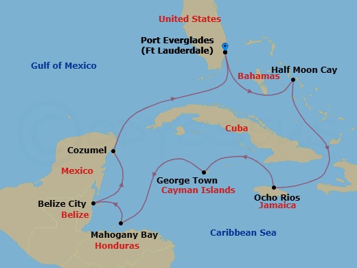 10 Night - Western Caribbean : Greater Antilles, Belize & Mexico - Eurodam - Starting in Fort Lauderdale, Florida, RelaxAway, Half Moon Cay, Bahamas, Ocho Rios, Jamaica, Georgetown, Cayman Islands, Mahogany Bay, Roatan, Honduras, Belize City, Belize, Cozumel, Mexico, Fort Lauderdale, Florida itinerary map