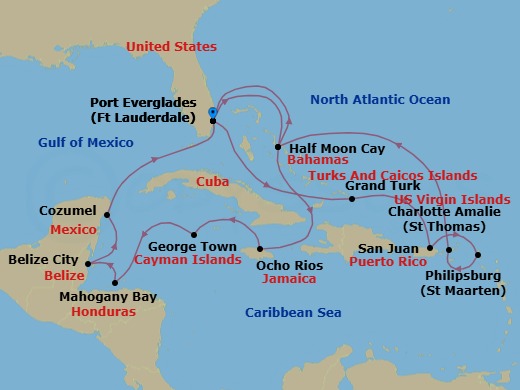 18 Night - Eastern & Western Caribbean : San Juan & Mexico - Eurodam - Starting in Fort Lauderdale, Florida, Grand Turk, Turks and Caicos, San Juan, Puerto Rico, Philipsburg, Sint Maarten, St Thomas, US Virgin Islands, RelaxAway, Half Moon Cay, Bahamas, Fort Lauderdale, Florida, RelaxAway, Half Moon Cay, Bahamas, Ocho Rios, Jamaica, Georgetown, Cayman Islands, Mahogany Bay, Roatan, Honduras, Belize City, Belize, Cozumel, Mexico, Fort Lauderdale, Florida itinerary map