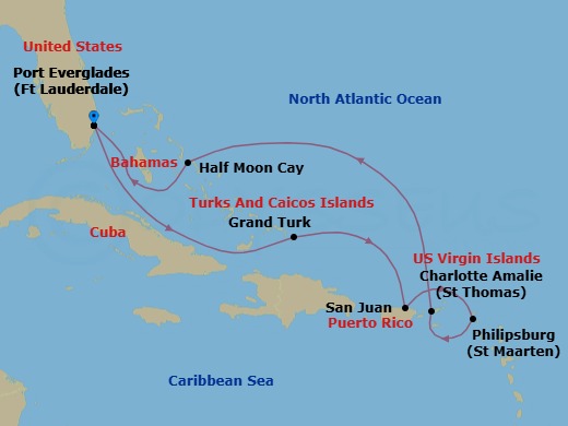 8 Night - Eastern Caribbean : San Juan & St. Thomas - Eurodam - Starting in Fort Lauderdale, Florida, Grand Turk, Turks and Caicos, San Juan, Puerto Rico, Philipsburg, Sint Maarten, St Thomas, US Virgin Islands, RelaxAway, Half Moon Cay, Bahamas, Fort Lauderdale, Florida itinerary map