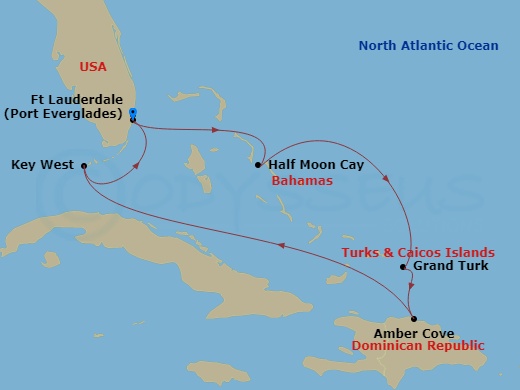 7 Night - Eastern Caribbean : Amber Cove & Key West - Eurodam - Starting in Fort Lauderdale, Florida, RelaxAway, Half Moon Cay, Bahamas, Grand Turk, Turks and Caicos, Amber Cove, Dominican Republic, Key West, Florida, Fort Lauderdale, Florida itinerary map