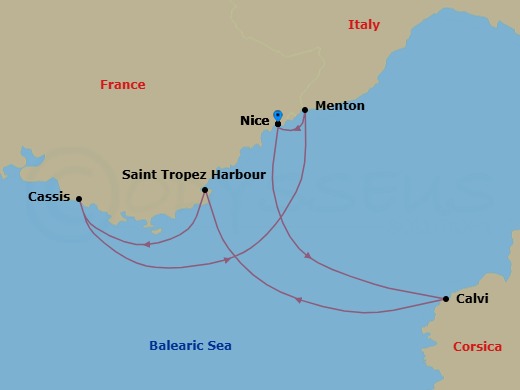 5 Night - Corsica and the French Riviera - Le Bougainville - Starting in Nice, Calvi, Corsica, Saint-Tropez, Cassis, Menton, Nice itinerary map
