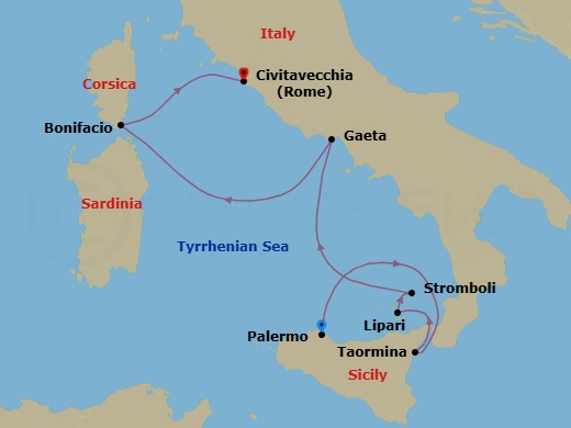 5 Night - Historic Cities and Mediterranean Shores - Le Bougainville - Starting in Palermo, Sicily, Taormina, Sicily, Lipari, Aeolian Islands, Sailing in front of Stromboli, Gaeta, Bonifacio, Corsica, Civitavecchia (Rome) itinerary map