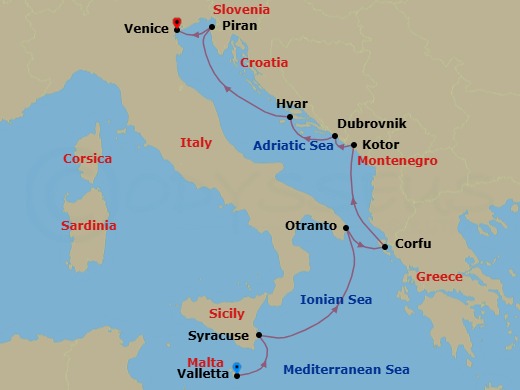9 Night - From Malta to the Shores of the Adriatic - Le Bougainville - Starting in Valletta, Syracuse IT, Sicily, Otranto, Corfu, Kotor, Dubrovnik, Croatia, Hvar, Piran, Venice itinerary map