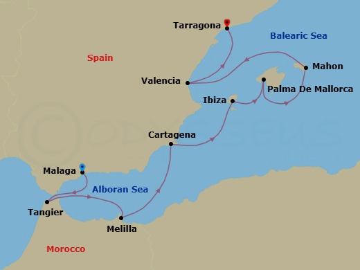 8 Night - 13Th Piano Festival at Sea - Le Bougainville - Starting in Malaga, Tangier, Melilla, Cartagena ES, Ibiza, Balearic Islands, Palma de Mallorca, Balearic Islands, Mahon, Balearic Islands, Valencia, Tarragona itinerary map