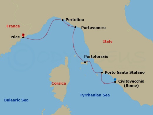 5 Night - Tuscany, Liguria and the French Riviera - Le Bougainville - Starting in Civitavecchia (Rome), Porto Santo Stefano, Portoferraio, Elba, Porto Venere, Portofino, Nice itinerary map