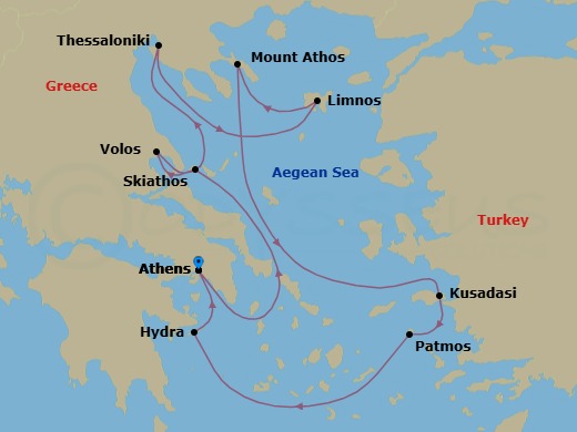 8 Night - Greek Coast & Aegean Islands - Le Champlain - Starting in Athens, Skiathos, Volos, Thessaloniki, Limnos Island, Sailing along Mount Athos, Kusadasi, Patmos, Hydra, Athens itinerary map