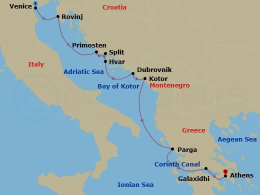 8 Night - From the Canals of Venice to the City of Gods - Le Champlain - Starting in Venice, Rovinj, Primosten, Split, Hvar, Dubrovnik, Croatia, Sailing in the Bay of Kotor, Kotor, Parga, Crossing the Corinth Canal, Galaxidi, Athens itinerary map