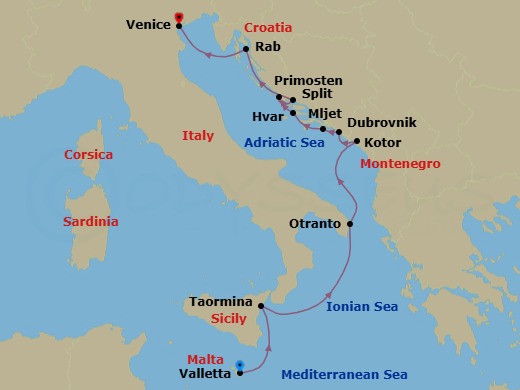 8 Night - From Malta to the Shores of the Adriatic - Le Champlain - Starting in Valletta, Taormina, Sicily, Otranto, Sailing in the Bay of Kotor, Kotor, Dubrovnik, Croatia, Mljet, Hvar, Primosten, Split, Rab, Venice itinerary map