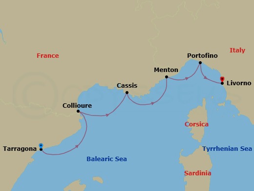 5 Night - From the Catalan Shores to the Italian Coastlines - L'Austral - Starting in Tarragona, Collioure, Cassis, Menton, Portofino, Livorno itinerary map