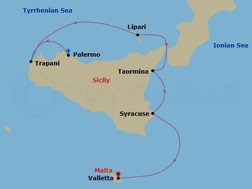 5 Night - Sicilian Interlude - L'Austral - Starting in Palermo, Sicily, Trapani, Sicily, Lipari, Aeolian Islands, Taormina, Sicily, Syracuse IT, Sicily, Valletta itinerary map
