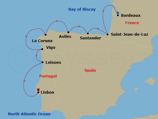 9 Night - Maxim Vengerov Et Ses Amis - L'Austral - Starting in Bordeaux, Sailing in the Gironde Estuary, Saint-Jean-de-Luz, Santander, Aviles, La Coruna, Vigo / Santiago de Compostela, Leixoes / Porto, Lisbon itinerary map