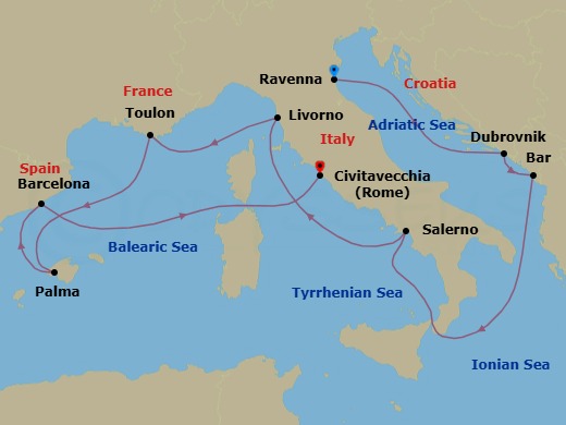 13 Night - Pre Venice Cruisetour - Norwegian Prima Tours - Starting in At Hotel, Venice (Ravenna), Italy, Dubrovnik, Croatia, Montenegro, Amalfi Coast (Salerno), Italy, Livorno / Florence / Pisa, Italy, Toulon, France, Palma Majorca, Spain, Barcelona, Spain, Civitavecchia Rome, Italy itinerary map