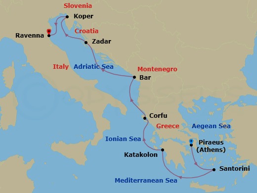 9 Night - Explore Athens Pre Cruisetour - Norwegian Gem Tours - Starting in At Hotel, Piraeus / Athens, Greece, Santorini Island, Greece, Olympia / Katakolon, Greece, Corfu, Greece, Montenegro, Zadar, Croatia, Koper, Slovenia, Venice (Ravenna), Italy itinerary map