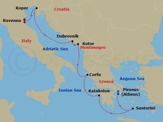 9 Night - Explore Athens Pre Cruisetour - Norwegian Gem Tours - Starting in At Hotel, Piraeus / Athens, Greece, Santorini Island, Greece, Olympia / Katakolon, Greece, Corfu, Greece, Kotor, Montenegro, Dubrovnik, Croatia, Koper, Slovenia, Venice (Ravenna), Italy itinerary map