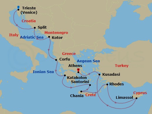 11 Night - Mediterranean with Greek Isles & Adriatic - Enchanted Princess - Starting in Trieste (for Venice), Italy, Split, Croatia, Kotor, Montenegro, Corfu, Greece, Katakolon (for Olympia), Greece, Santorini, Greece, Crete (Chania), Greece, Rhodes, Greece, Limassol, Cyprus, Kusadasi, Turkey (for Ephesus), Athens (Piraeus), Greece itinerary map
