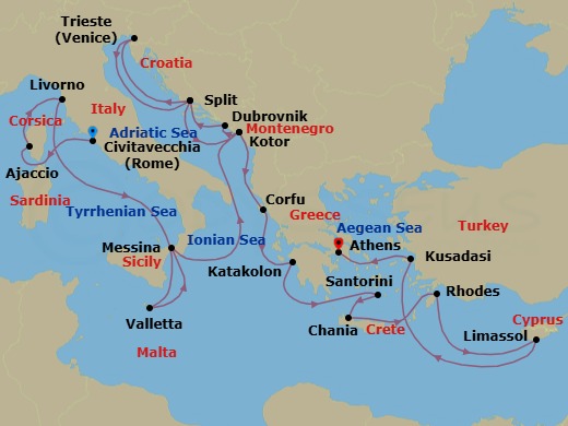 21 Night - The Best of the Mediterranean - Enchanted Princess - Starting in Civitavecchia (for Rome), Italy, Corsica (Ajaccio), France, Livorno (for Florence / Pisa), Italy, Valletta, Malta, Sicily (Messina), Italy, Kotor, Montenegro, Dubrovnik, Croatia, Split, Croatia, Trieste (for Venice), Italy, Split, Croatia, Kotor, Montenegro, Corfu, Greece, Katakolon (for Olympia), Greece, Santorini, Greece, Crete (Chania), Greece, Rhodes, Greece, Limassol, Cyprus, Kusadasi, Turkey (for Ephesus), Athens (Piraeus), Greece itinerary map