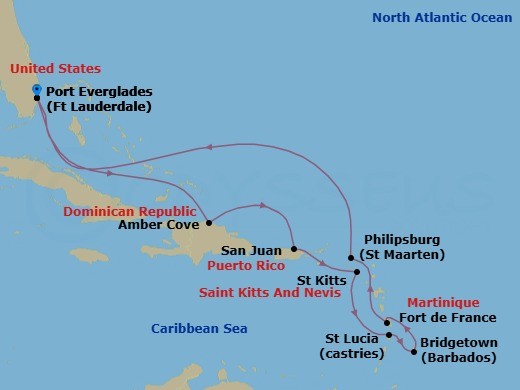 11 Night - Southern Caribbean with Martinique Holiday - Sun Princess - Starting in Fort Lauderdale, Florida, Amber Cove, Dominican Republic, San Juan, Puerto Rico, St Kitts, St Lucia, Barbados, Martinique, St Maarten, Fort Lauderdale, Florida itinerary map