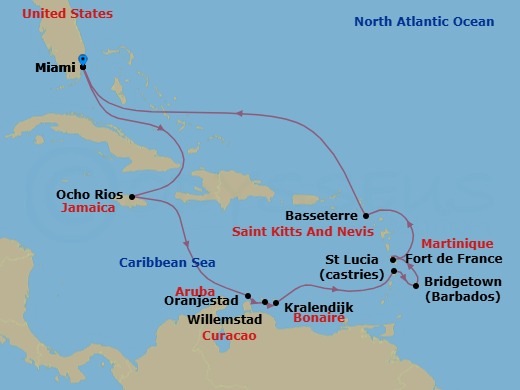 14 Night - Heavenly Hideaways - Seven Seas Grandeur - Starting in Miami, Cruising the Bahamian Waters, Ocho Rios, Jamaica, Cruising the Caribbean Sea, Oranjestad, Willemstad AN, Bonaire (Kralendijk), Cruising the Caribbean Sea, Castries, Bridgetown, Fort-de-France, Basseterre, Cruising the Atlantic Ocean, Cruising the Bahamian Waters, Miami itinerary map