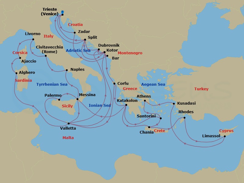 42 Night - The Best of the Mediterranean - Enchanted Princess - Starting in Trieste (for Venice), Italy, Split, Croatia, Kotor, Montenegro, Corfu, Greece, Katakolon (for Olympia), Greece, Santorini, Greece, Crete (Chania), Greece, Rhodes, Greece, Limassol, Cyprus, Kusadasi, Turkey (for Ephesus), Athens (Piraeus), Greece, Santorini, Greece, Crete (Chania), Greece, Katakolon (for Olympia), Greece, Sicily (Messina), Italy, Valletta, Malta, Dubrovnik, Croatia, Kotor, Montenegro, Split, Croatia, Trieste (for Venice), Italy, Zadar, Croatia, Montenegro, Kotor, Montenegro, Corfu, Greece, Valletta, Malta, Sicily (Palermo), Italy, Sicily (Messina), Italy, Naples, Italy (for Capri and Pompeii), Civitavecchia (for Rome), Italy, Livorno (for Florence / Pisa), Italy, Corsica (Ajaccio), France, Sardinia (Alghero), Italy, Valletta, Malta, Kotor, Montenegro, Dubrovnik, Croatia, Split, Croatia, Trieste (for Venice), Italy itinerary map