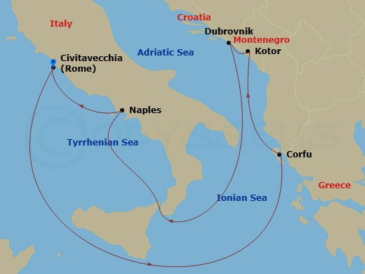 7 Night - Mediterranean & Adriatic - Enchanted Princess - Starting in Civitavecchia (for Rome), Italy, Corfu, Greece, Kotor, Montenegro, Dubrovnik, Croatia, Naples, Italy (for Capri and Pompeii), Civitavecchia (for Rome), Italy itinerary map