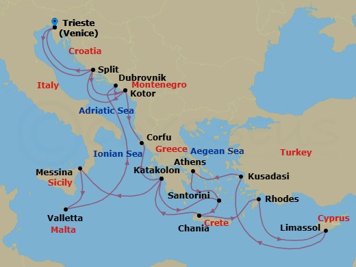 21 Night - The Best of the Mediterranean - Enchanted Princess - Starting in Trieste (for Venice), Italy, Split, Croatia, Kotor, Montenegro, Corfu, Greece, Katakolon (for Olympia), Greece, Santorini, Greece, Crete (Chania), Greece, Rhodes, Greece, Limassol, Cyprus, Kusadasi, Turkey (for Ephesus), Athens (Piraeus), Greece, Santorini, Greece, Crete (Chania), Greece, Katakolon (for Olympia), Greece, Sicily (Messina), Italy, Valletta, Malta, Dubrovnik, Croatia, Kotor, Montenegro, Split, Croatia, Trieste (for Venice), Italy itinerary map
