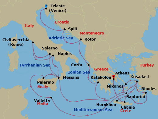 21 Night - The Best of the Mediterranean - Enchanted Princess - Starting in Trieste (for Venice), Italy, Split, Croatia, Kotor, Montenegro, Corfu, Greece, Katakolon (for Olympia), Greece, Santorini, Greece, Kusadasi, Turkey (for Ephesus), Rhodes, Greece, Crete (Chania), Greece, Naples, Italy (for Capri and Pompeii), Civitavecchia (for Rome), Italy, Amalfi Coast (Salerno), Sicily (Messina), Italy, Sicily (Palermo), Italy, Valletta, Malta, Santorini, Greece, Mykonos, Greece, Kusadasi, Turkey (for Ephesus), Crete (Heraklion), Greece, Athens (Piraeus), Greece itinerary map