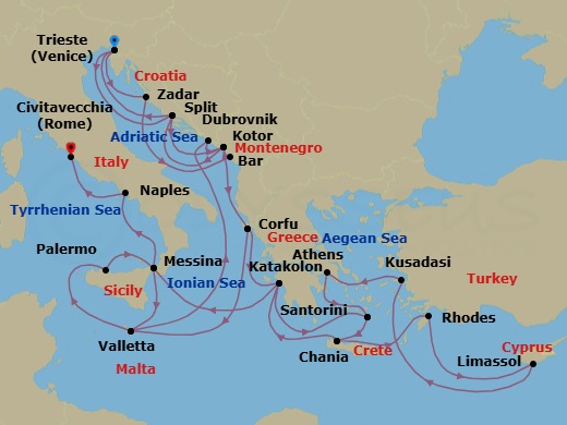 32 Night - The Best of the Mediterranean - Enchanted Princess - Starting in Trieste (for Venice), Italy, Split, Croatia, Kotor, Montenegro, Corfu, Greece, Katakolon (for Olympia), Greece, Santorini, Greece, Crete (Chania), Greece, Rhodes, Greece, Limassol, Cyprus, Kusadasi, Turkey (for Ephesus), Athens (Piraeus), Greece, Santorini, Greece, Crete (Chania), Greece, Katakolon (for Olympia), Greece, Sicily (Messina), Italy, Valletta, Malta, Dubrovnik, Croatia, Kotor, Montenegro, Split, Croatia, Trieste (for Venice), Italy, Zadar, Croatia, Montenegro, Kotor, Montenegro, Corfu, Greece, Valletta, Malta, Sicily (Palermo), Italy, Sicily (Messina), Italy, Naples, Italy (for Capri and Pompeii), Civitavecchia (for Rome), Italy itinerary map