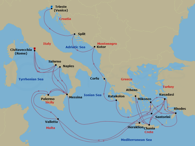 32 Night - The Best of the Mediterranean - Enchanted Princess - Starting in Trieste (for Venice), Italy, Split, Croatia, Kotor, Montenegro, Corfu, Greece, Katakolon (for Olympia), Greece, Santorini, Greece, Kusadasi, Turkey (for Ephesus), Rhodes, Greece, Crete (Chania), Greece, Naples, Italy (for Capri and Pompeii), Civitavecchia (for Rome), Italy, Amalfi Coast (Salerno), Sicily (Messina), Italy, Sicily (Palermo), Italy, Valletta, Malta, Santorini, Greece, Mykonos, Greece, Kusadasi, Turkey (for Ephesus), Crete (Heraklion), Greece, Athens (Piraeus), Greece, Crete (Heraklion), Greece, Kusadasi, Turkey (for Ephesus), Rhodes, Greece, Mykonos, Greece, Crete (Chania), Greece, Valletta, Malta, Sicily (Palermo), Italy, Sicily (Messina), Italy, Naples, Italy (for Capri and Pompeii), Civitavecchia (for Rome), Italy itinerary map
