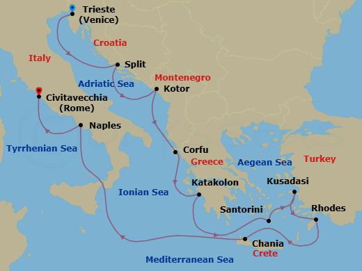 11 Night - Mediterranean with Greek Isles & Adriatic - Enchanted Princess - Starting in Trieste (for Venice), Italy, Split, Croatia, Kotor, Montenegro, Corfu, Greece, Katakolon (for Olympia), Greece, Santorini, Greece, Kusadasi, Turkey (for Ephesus), Rhodes, Greece, Crete (Chania), Greece, Naples, Italy (for Capri and Pompeii), Civitavecchia (for Rome), Italy itinerary map